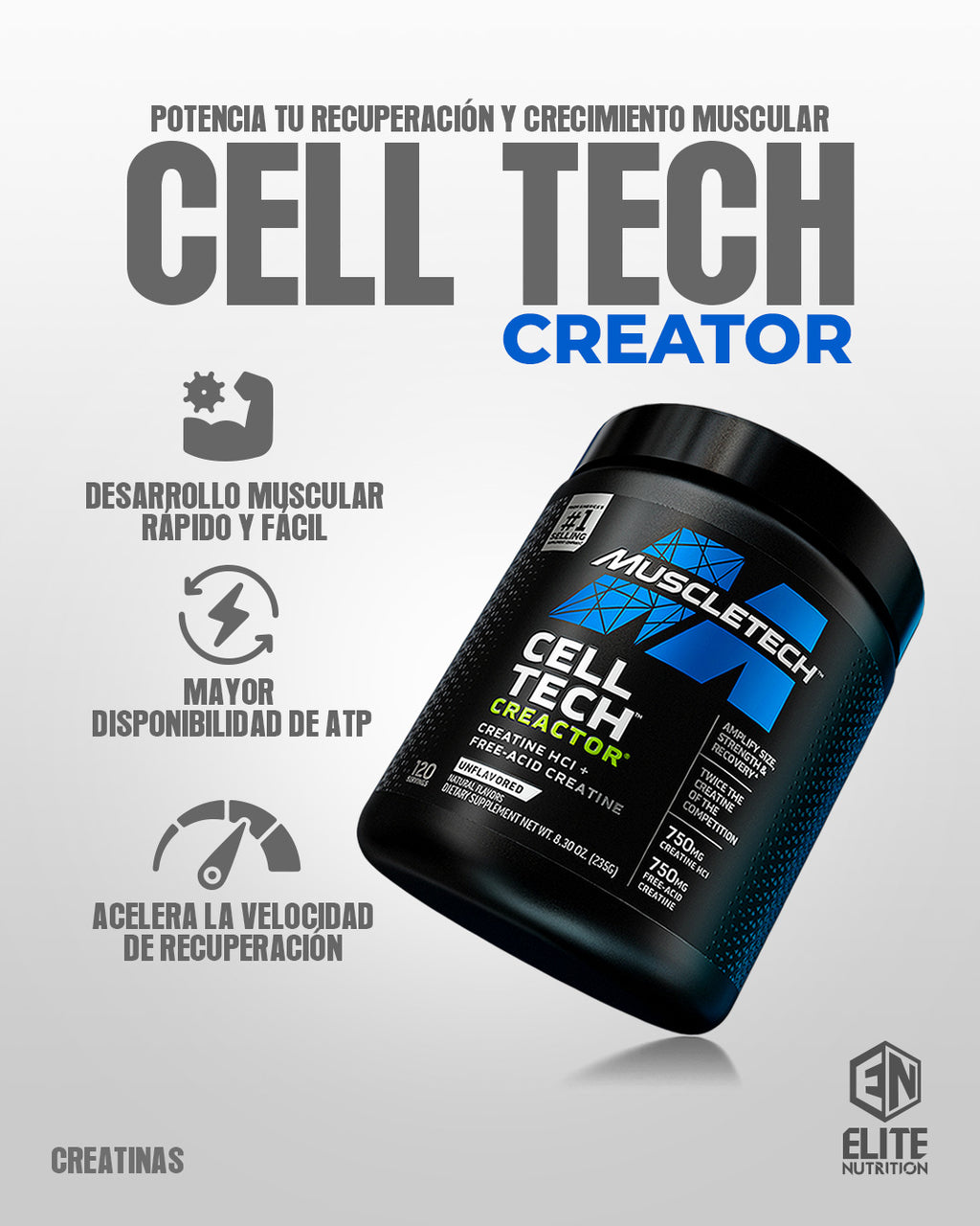 Creatina Cell Tech 120 Servicios Sin Sabor