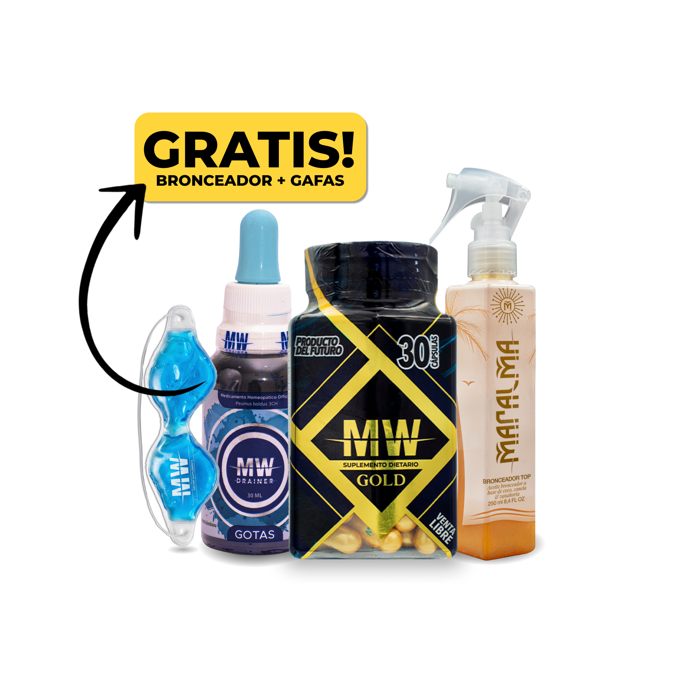 Mw Gold + Drenador + Maralma Bronceador + Gafas