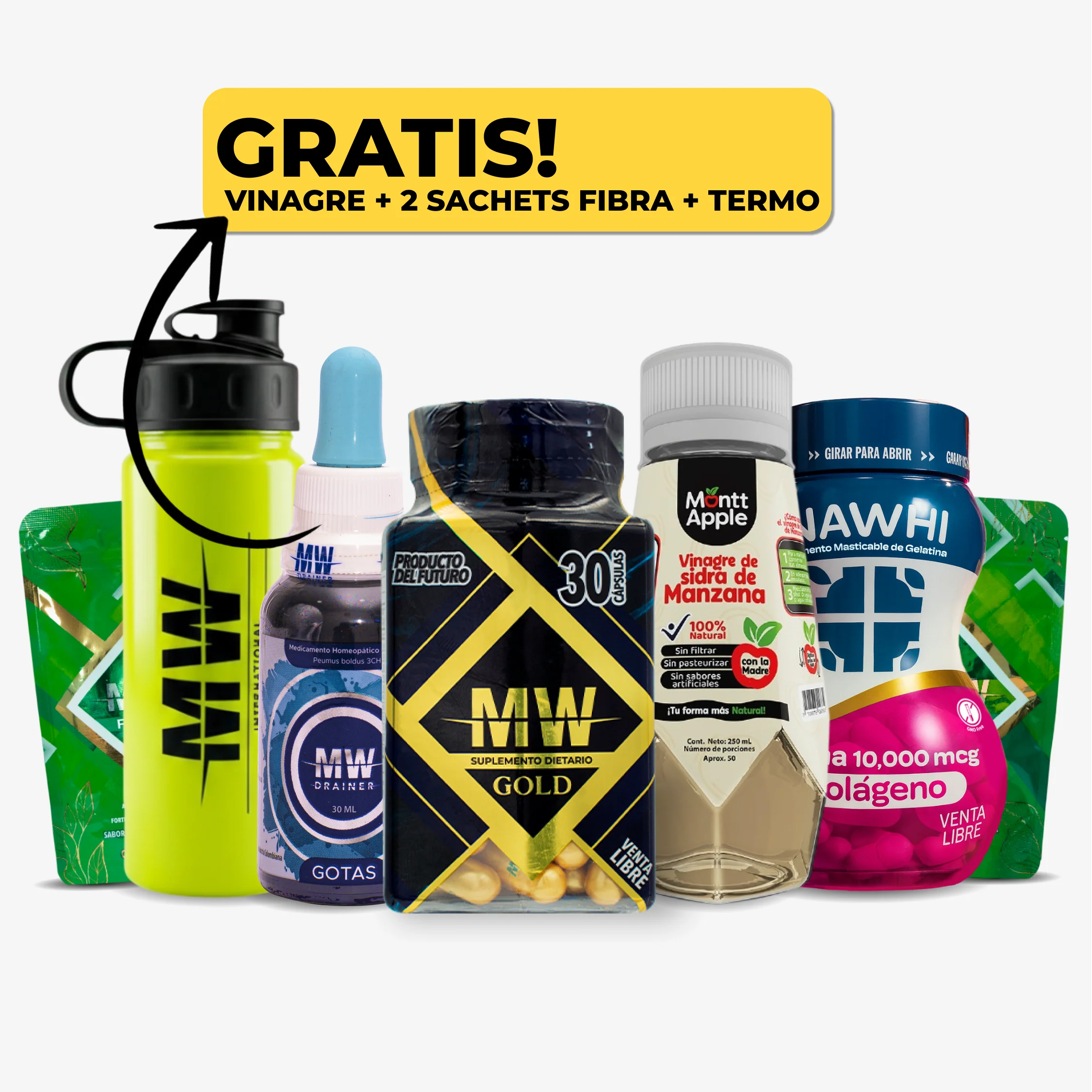 Mw Gold + Drenador + Biotina y Colageno + Vinagre de Manzana + 2 Sachets de Fibra + Termo