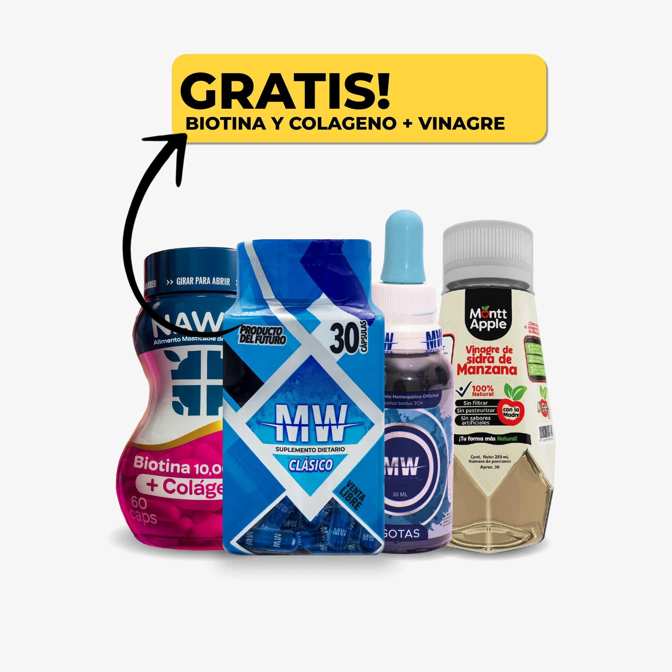 Mw Classic + Drenador Mw + Biotina y Colageno + Vinagre de Manzana
