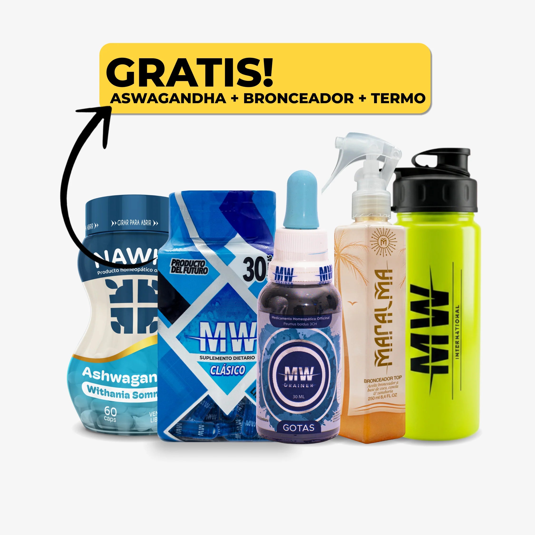 Mw Classic + Drenador Mw + Maralma Bronceador + Termo + Ashwagandha