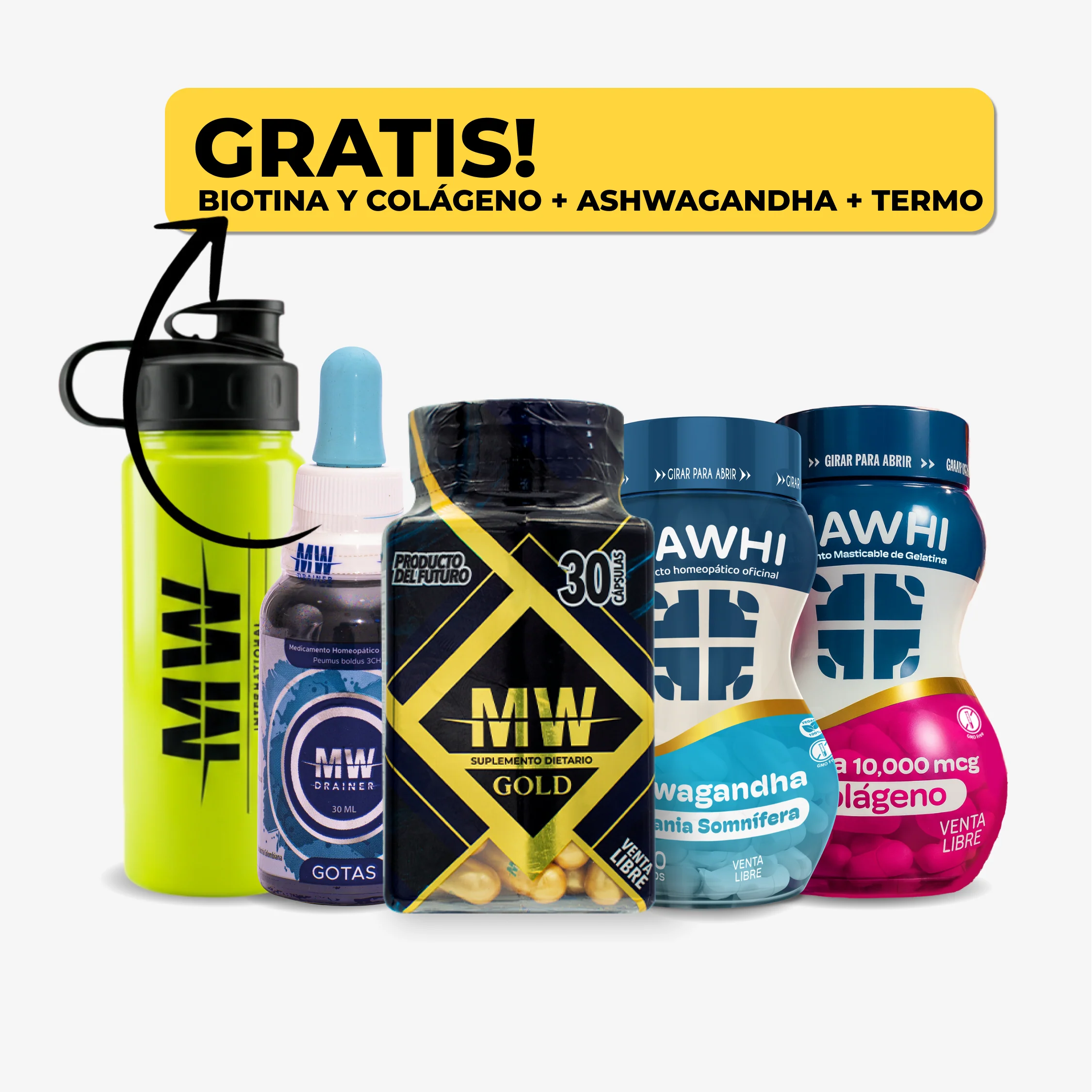 Mw Gold + Drenador Mw + Biotina y Colageno + Ashwagandha + Termo