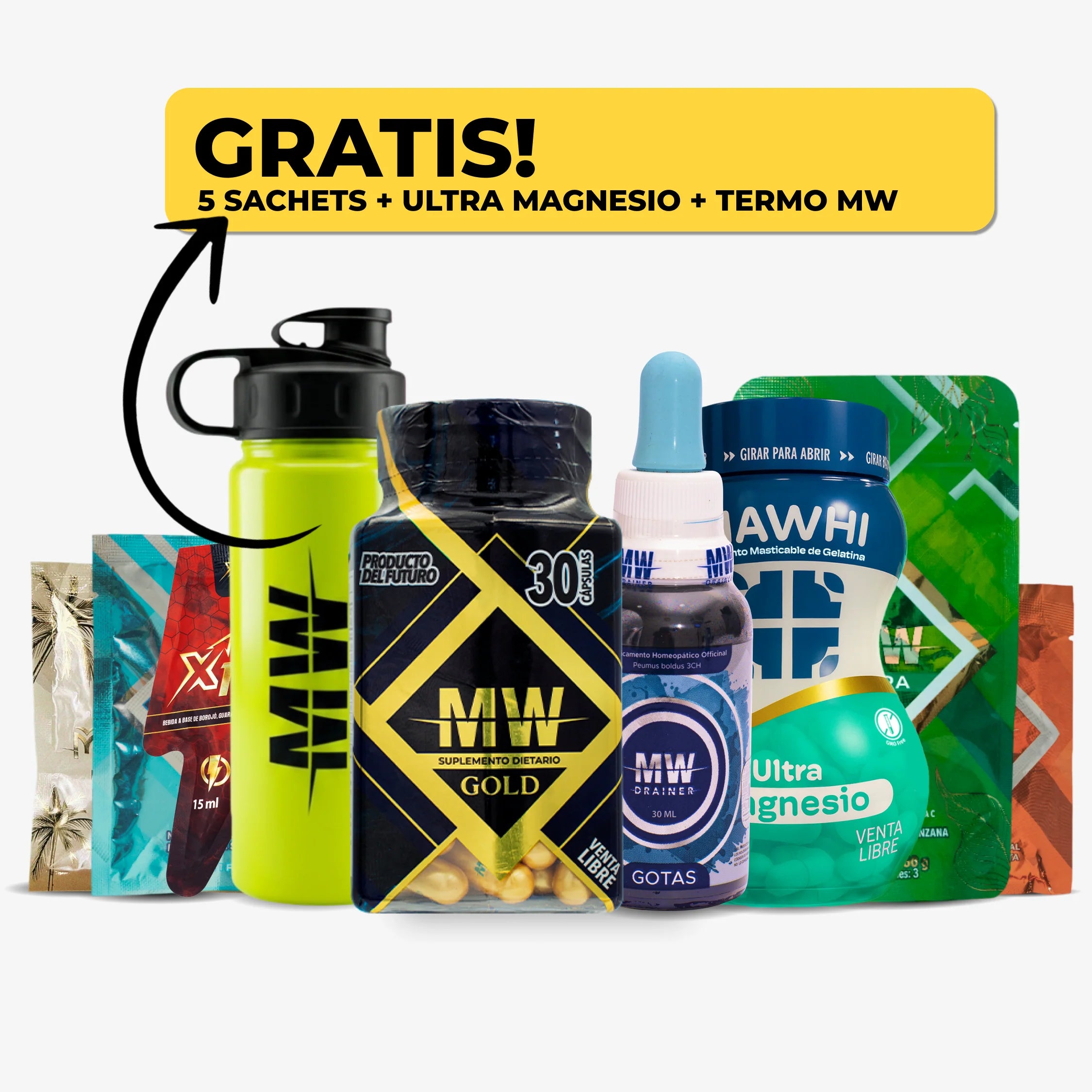 Mw Gold + Drenador Mw + Sachet de Fibra + Sachet de Gel Caliente + Sachet de Gel Fria + Sachet de Maralma + Sachet de X10 + Ultramagnesio + Termo