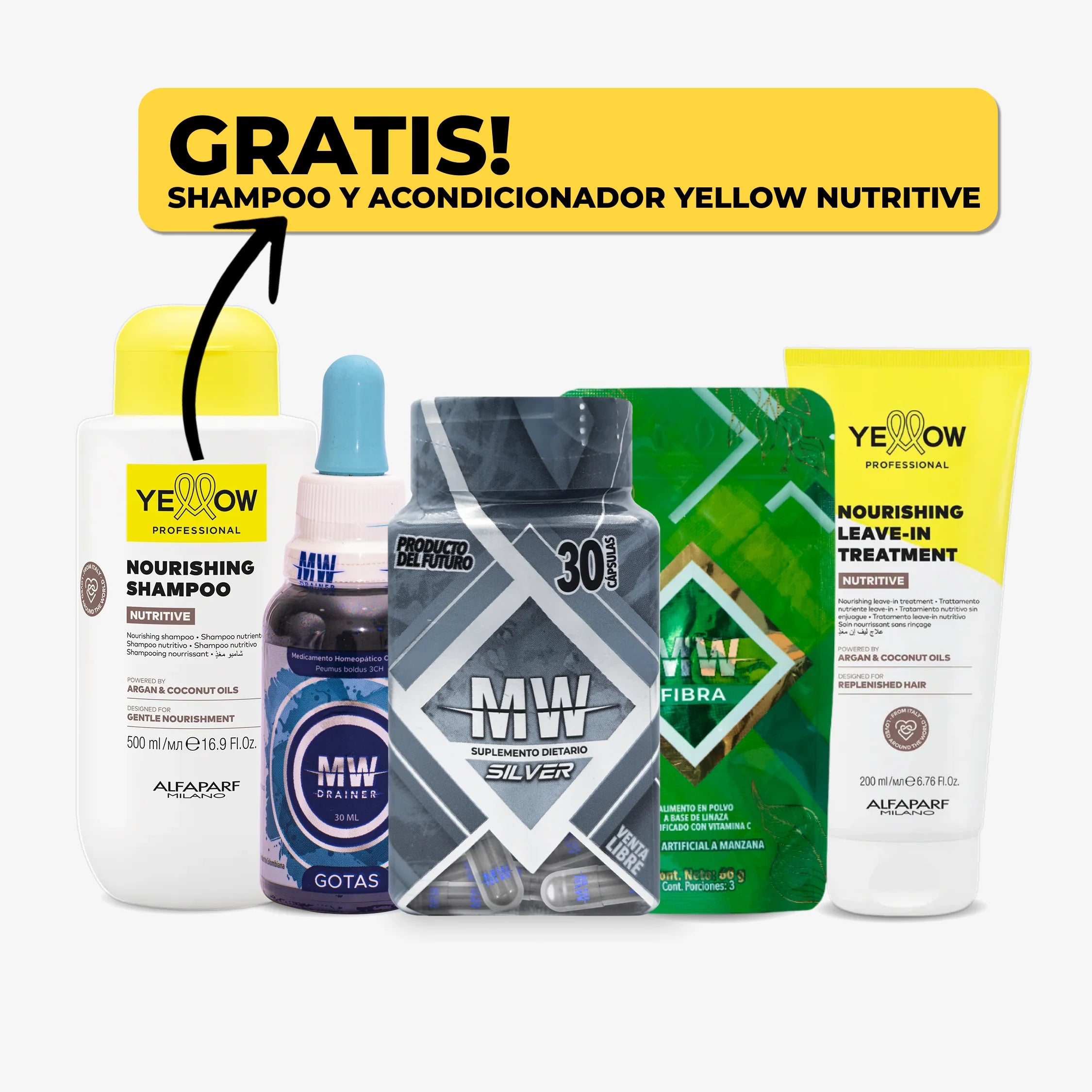 Mw Silver + Drenador + Sachet de Fibra + Shampoo y Acondicionador Yellow Nutritive