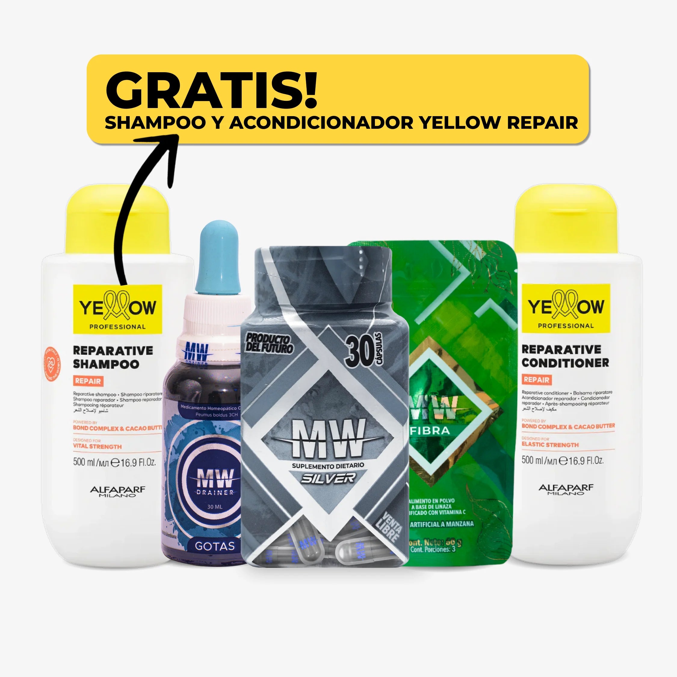 Mw Silver + Drenador + Sachet de Fibra + Shampoo y Acondicionador Yellow Repair
