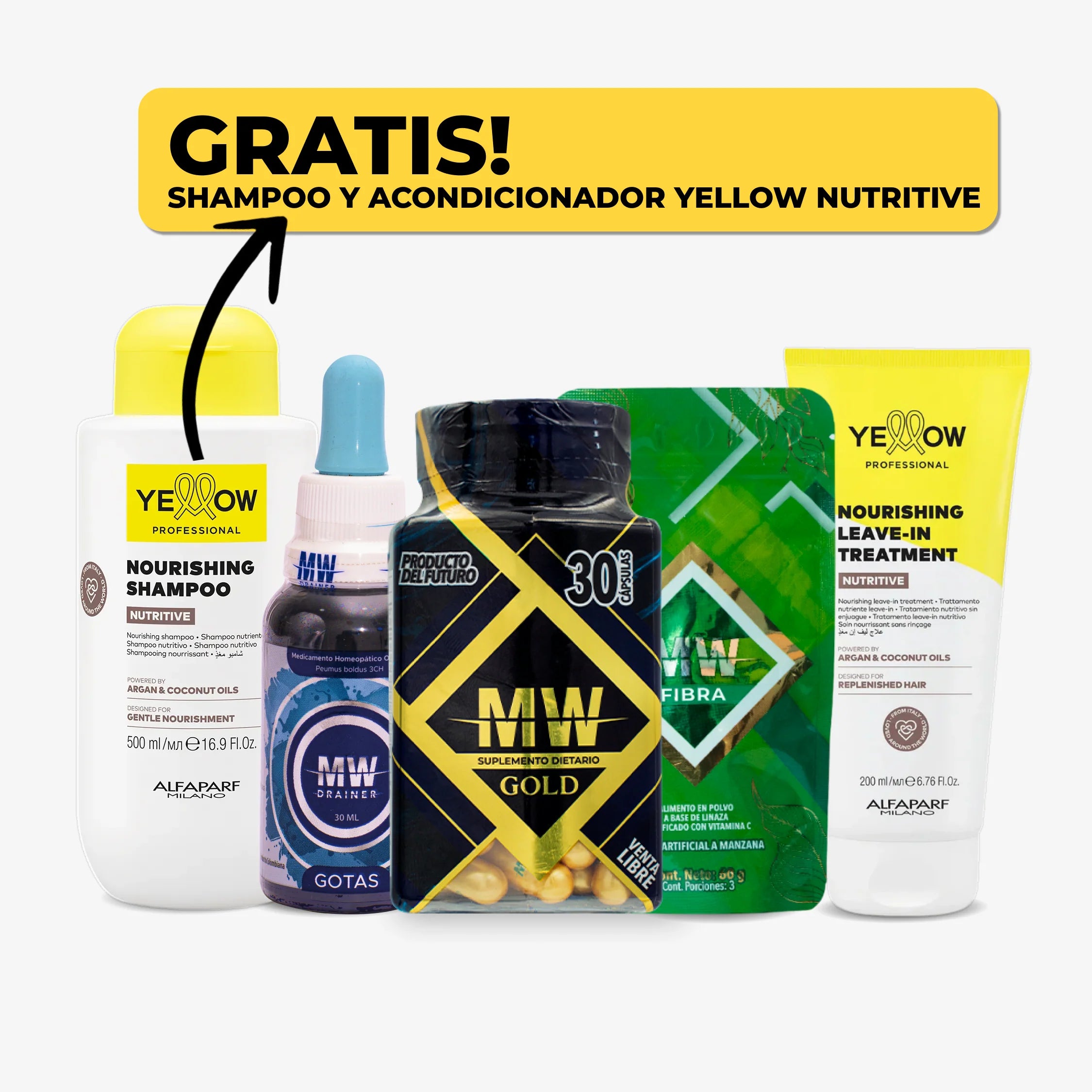 Mw Gold + Drenador + Sachet de Fibra + Shampoo y Acondicionador Yellow Nutritive