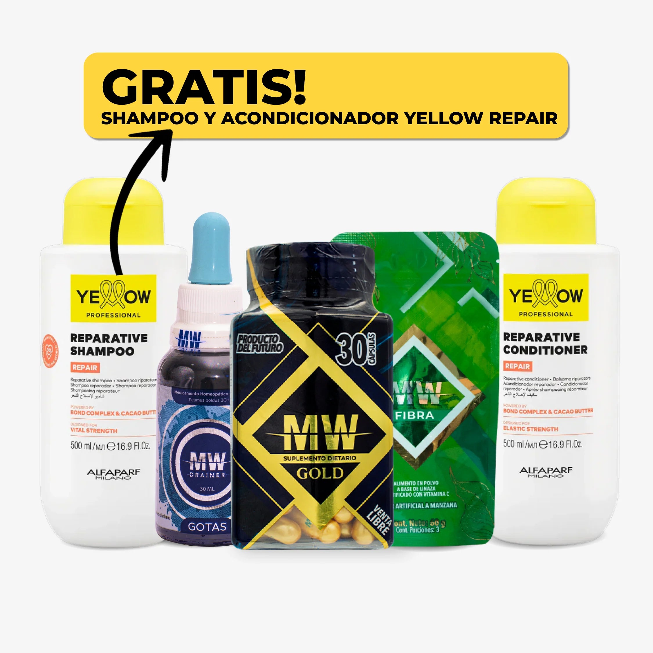 Mw Gold + Drenador + Sachet de Fibra + Shampoo y Acondicionador Yellow Repair