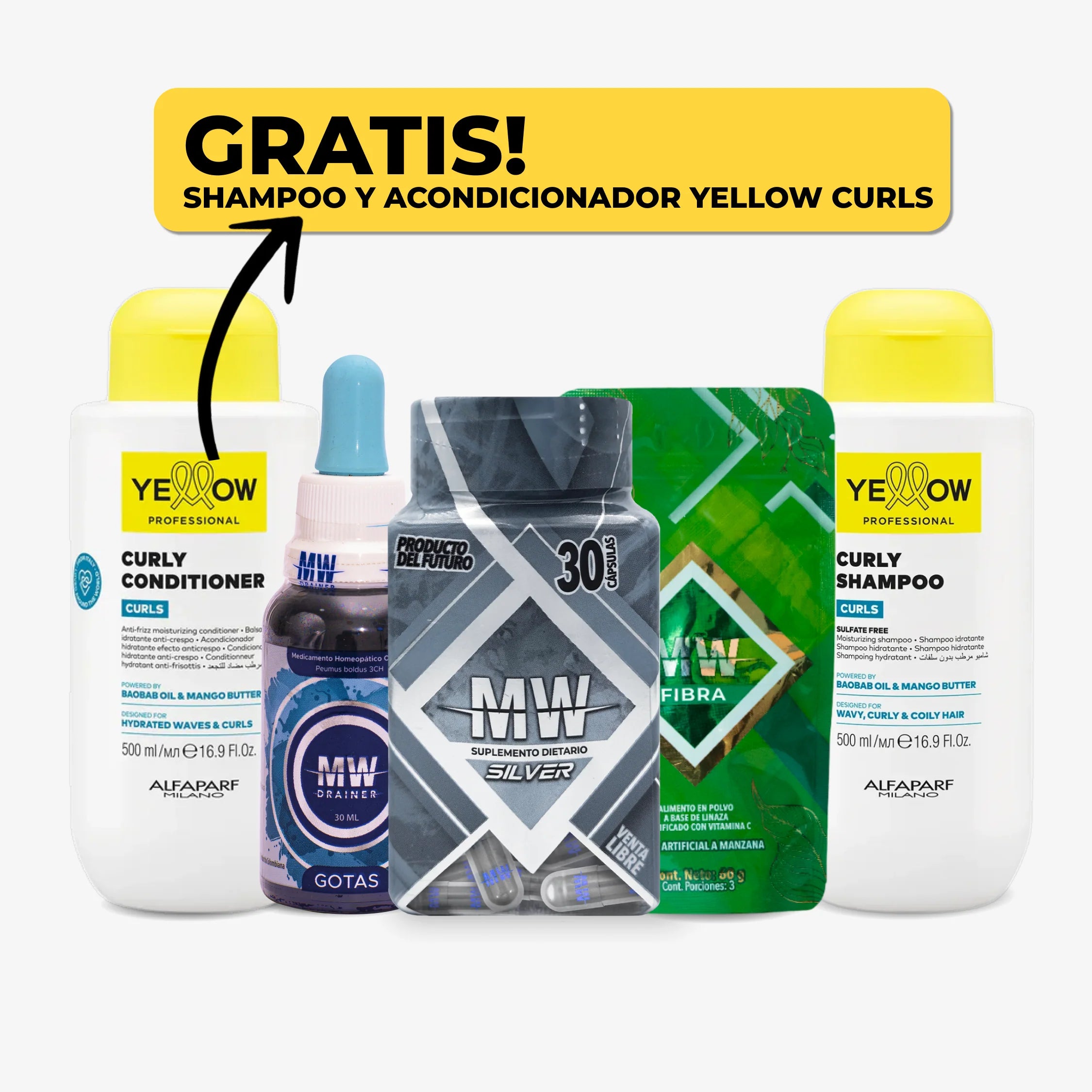 Mw Silver + Drenador + Sachet de Fibra + Shampoo y Acondicionador Yellow Curls