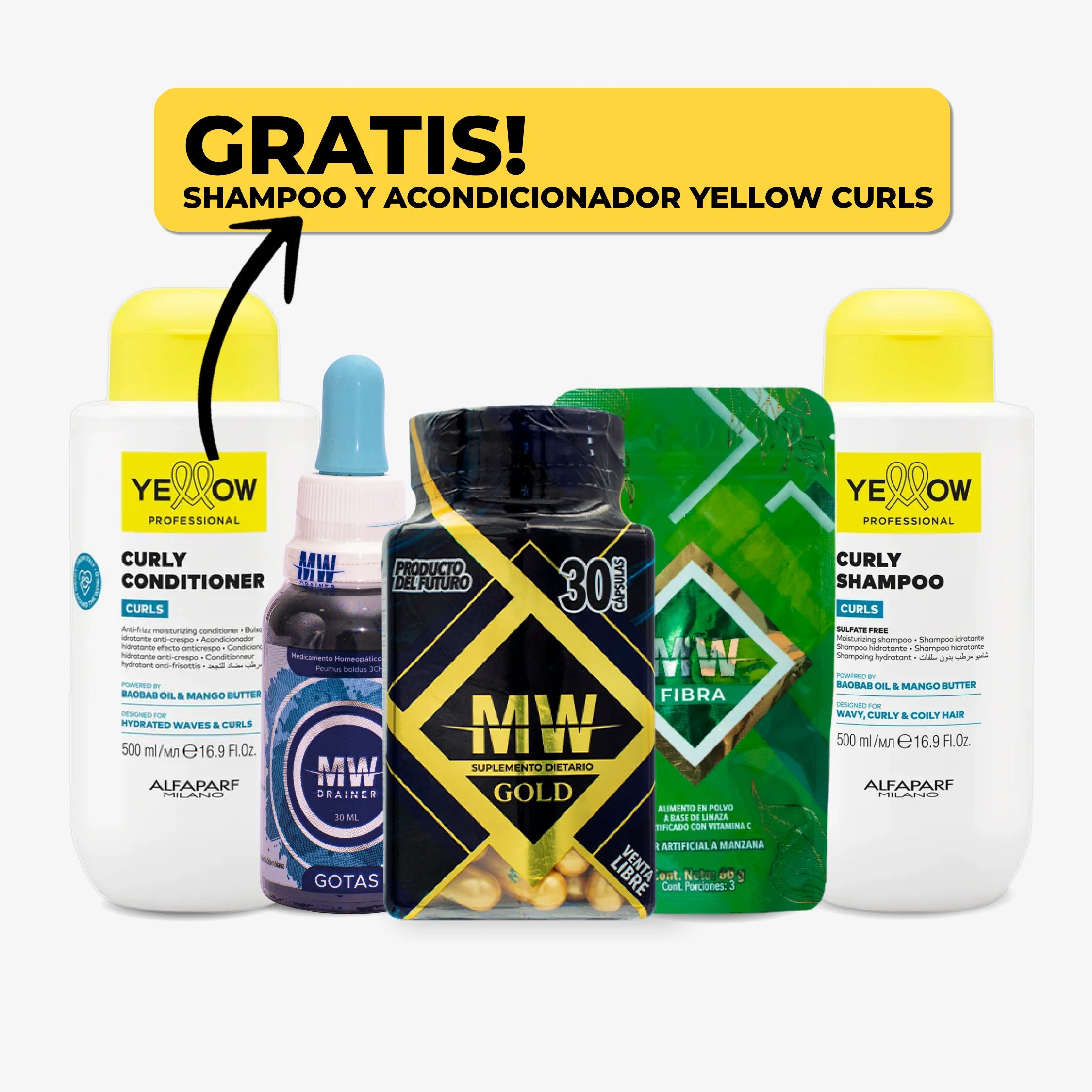 Mw Gold + Drenador + Sachet de Fibra + Shampoo y Acondicionador Yellow Curls