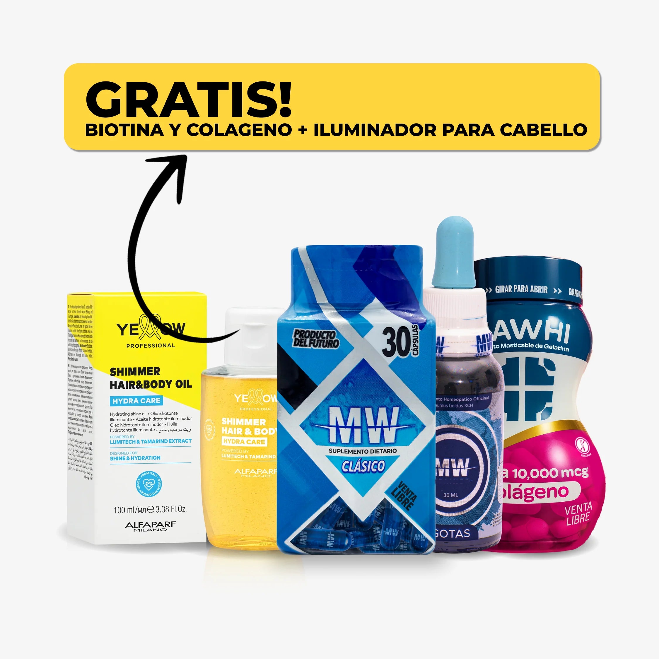 Mw Classic + Drenador MW + Biotina y Colágeno + Aceite Brillante Para Cabello Yellow