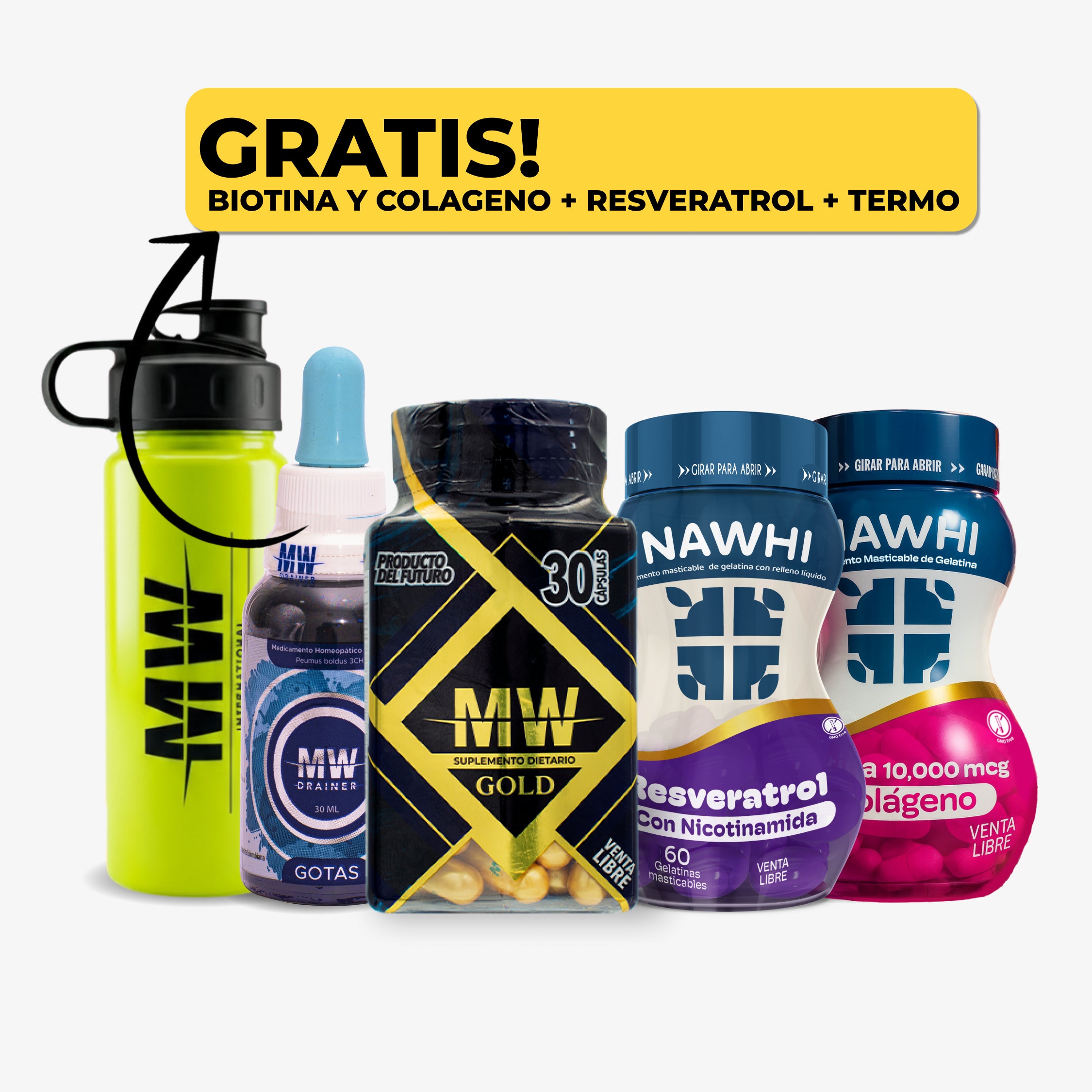 Mw Gold + Drenador MW + Biotina y Colágeno + Resveratrol + Termo