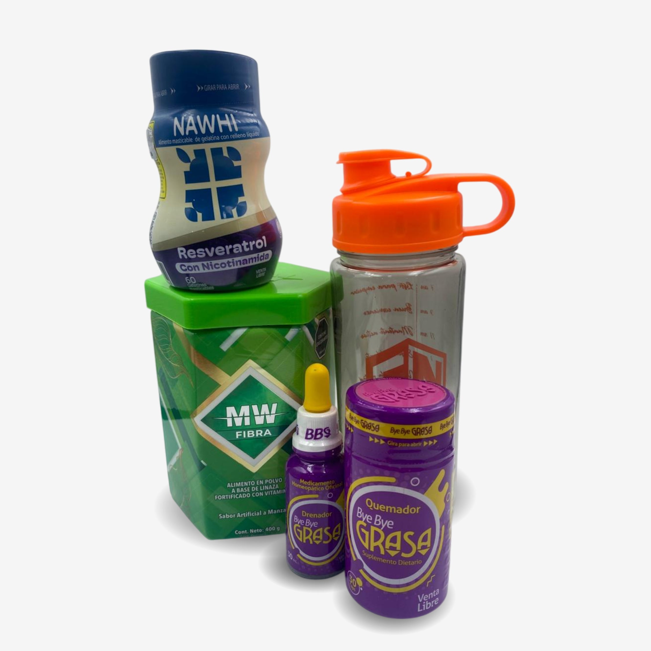 QUEMADOR BYE BYE GRASA + DRENADOR + FIBRA MW + GRATIS TERMO Y RESVERATROL